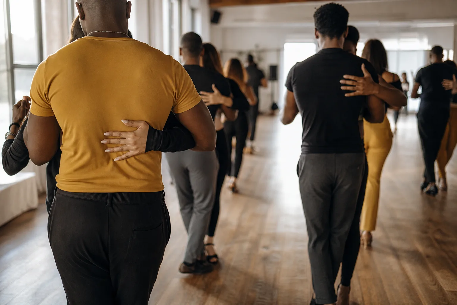 A daytime dance workshop in a bright studio, seen from behind the class