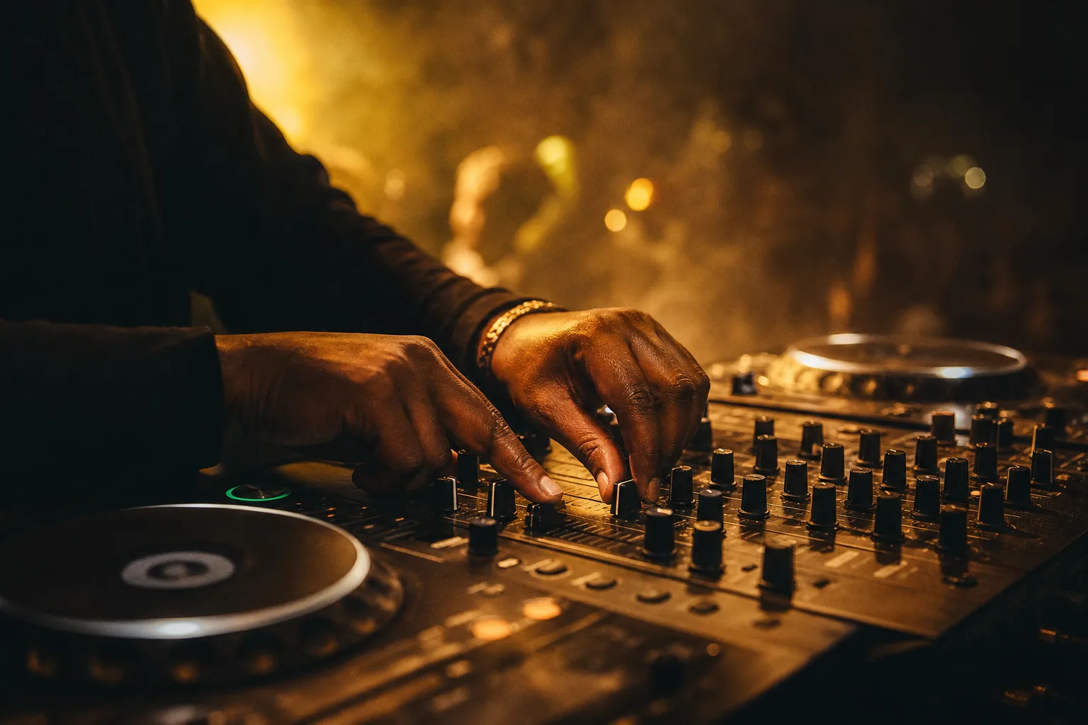 Hands on a DJ mixer in a dark club, lit warm gold