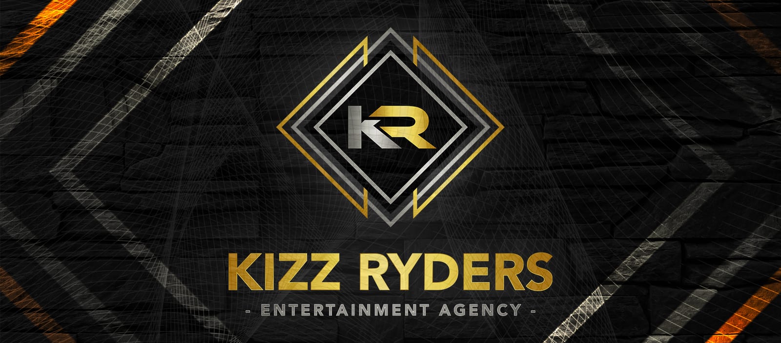 Kizz Ryders brand plate, a gold and silver KR diamond monogram on black slate